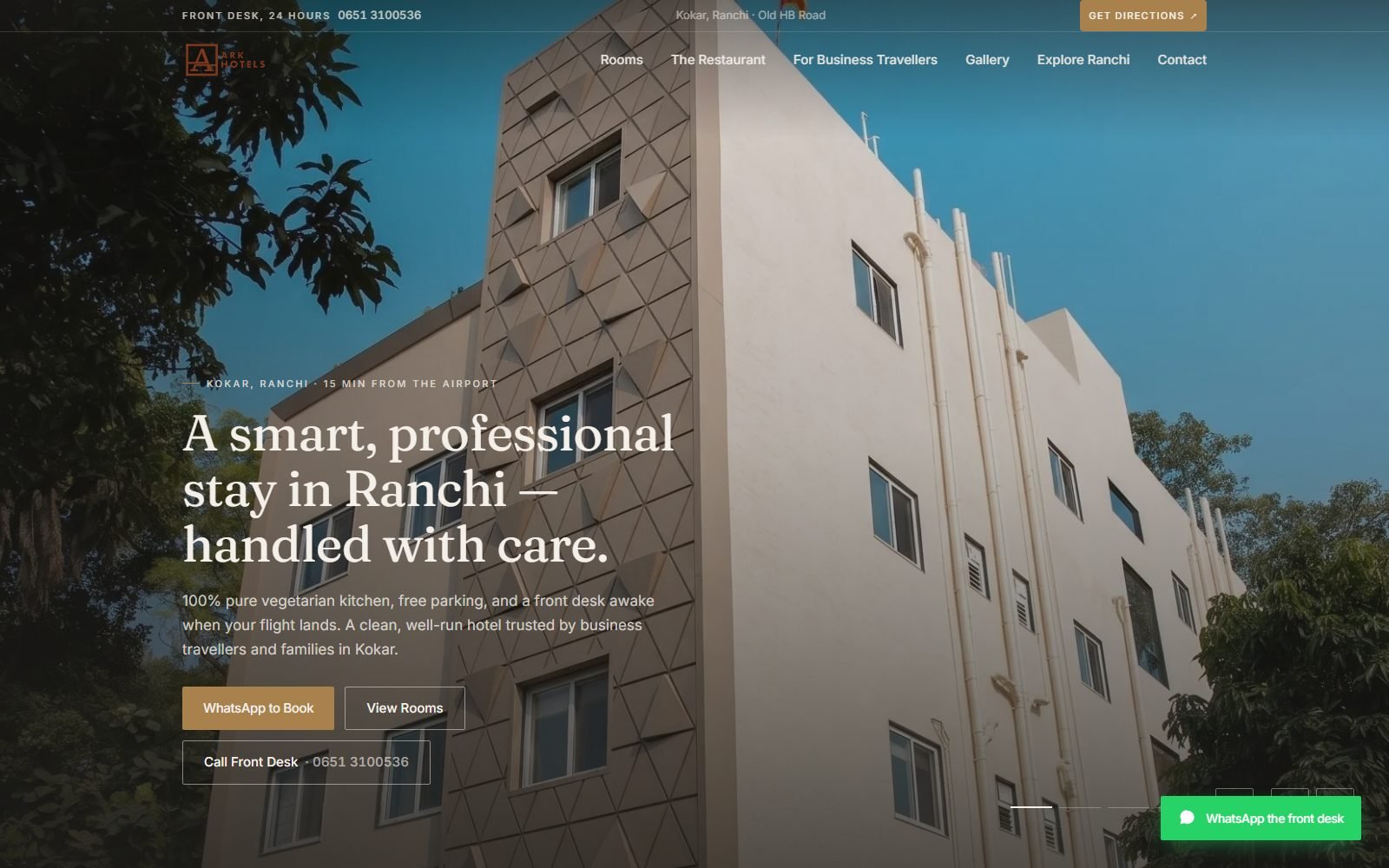 ARK Hotels homepage showing the Ranchi property with room and WhatsApp booking actions.