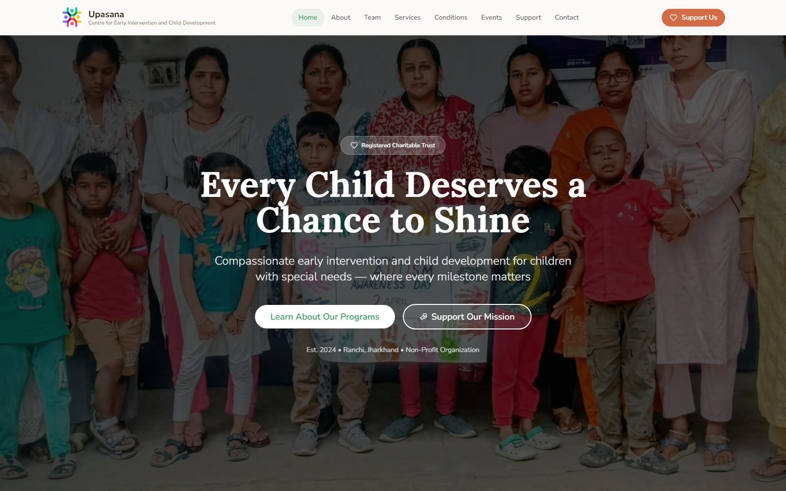 Upasana Centre homepage showing its child-development mission and programme actions.